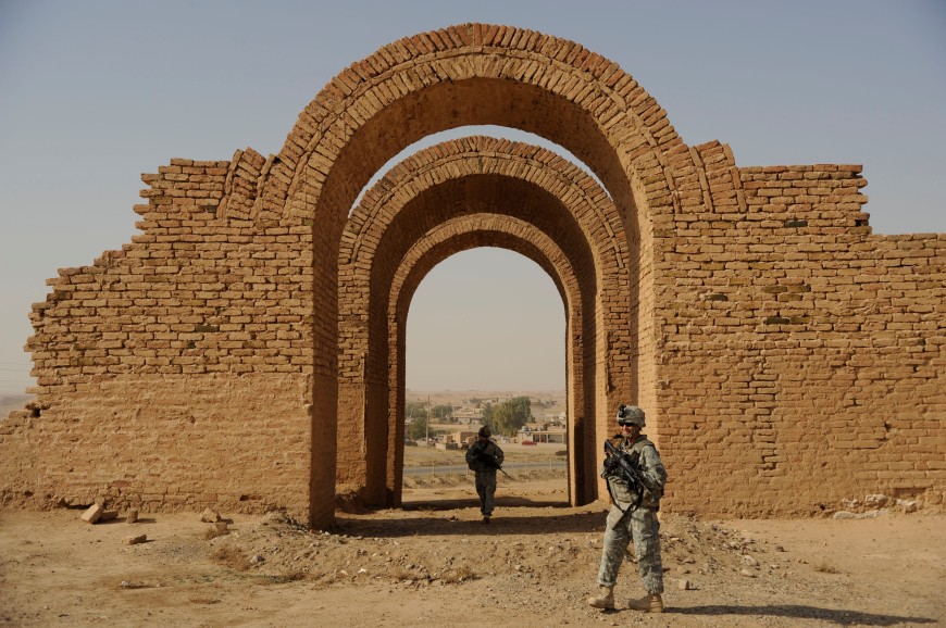 U.S. Army soldiers from 1st Squadron, 3rd Armored Cavalry Regiment provide security for a provincial reconstruction team and representatives of the United Nations Educational Scientific and Cultural Organization as they visit the ancient city of Ashur in Iraq on Nov. 21, 2008